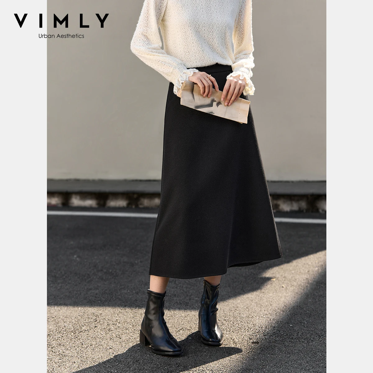 VIMLY Women's Black Long Skirt Elegant Winter 2025 A-line Loose Tweed Ladies Skirts Office Lady Zipper Pocket Female Skirt A2839