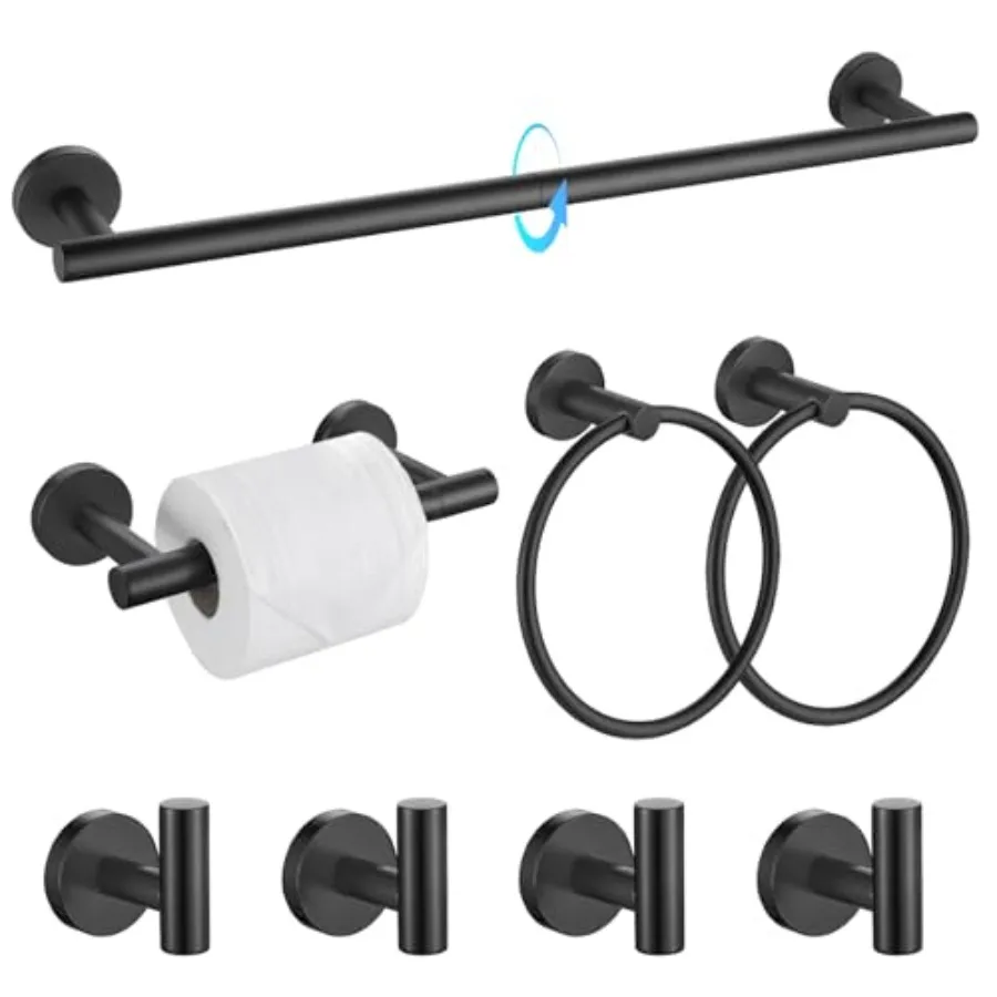 

Bathroom hardware set: matte black SUS304 stainless steel, 8-piece wall-mounted towel bar kit with 23.6-inch round accessories