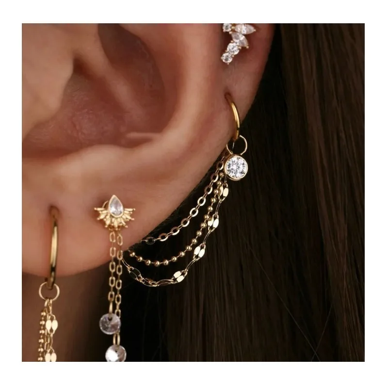 

Light Luxury Gold Diamond-encrusted Ear Buckle Temperament Advanced Sense Fringed Chain Earrings Women's Fashion Niche Earbone C