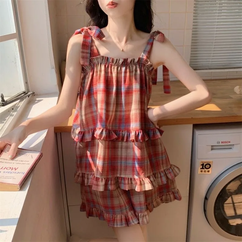 Ins Camis Pajamas Women Summer Red Plaid Ruffles Sleeveless Loose Preppy Home Nightwear Korean Sweet Vintage Female Pjs Thin