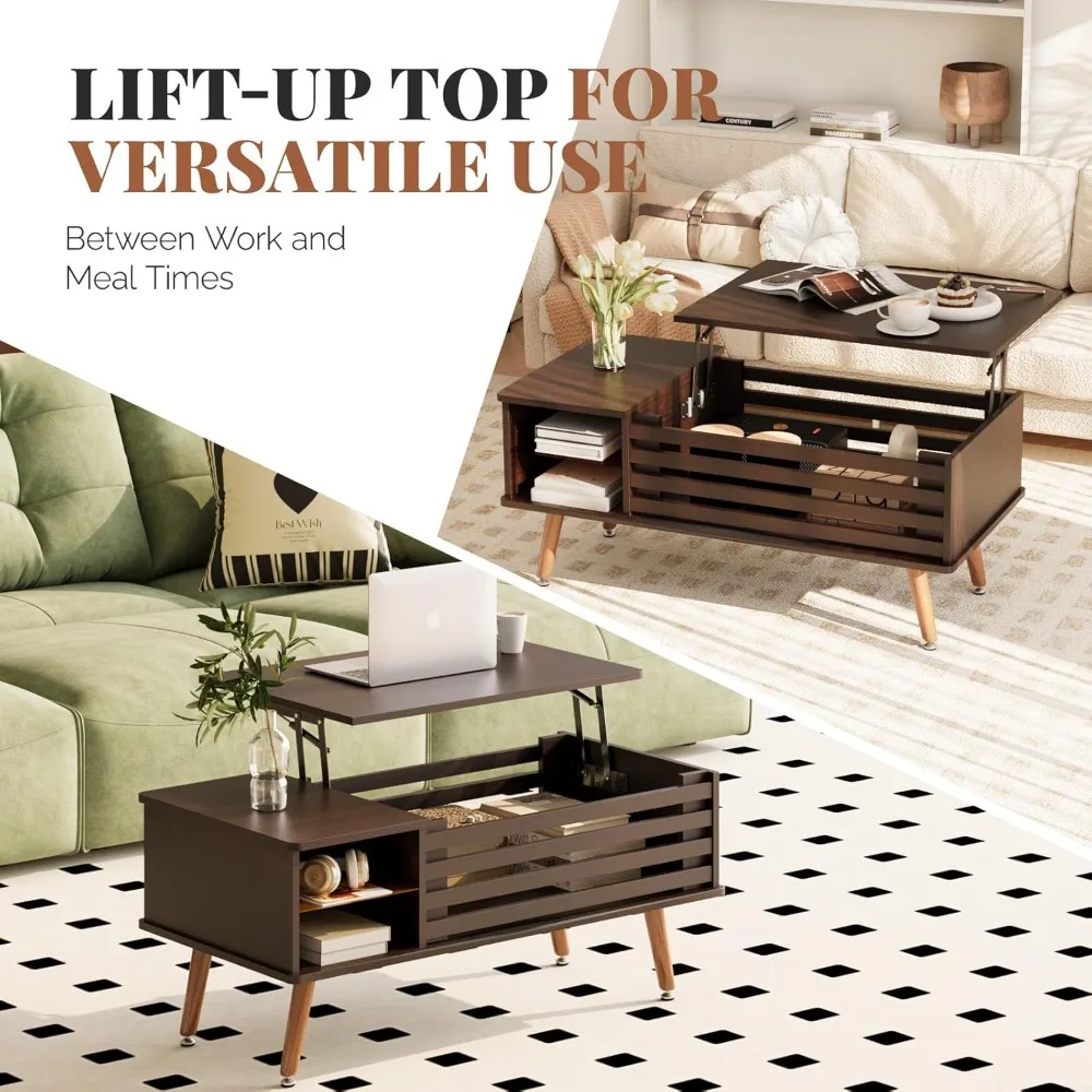 Mid Century Modern Lift Top Coffee Table with Storage, Wooden Tabletop Dining Table