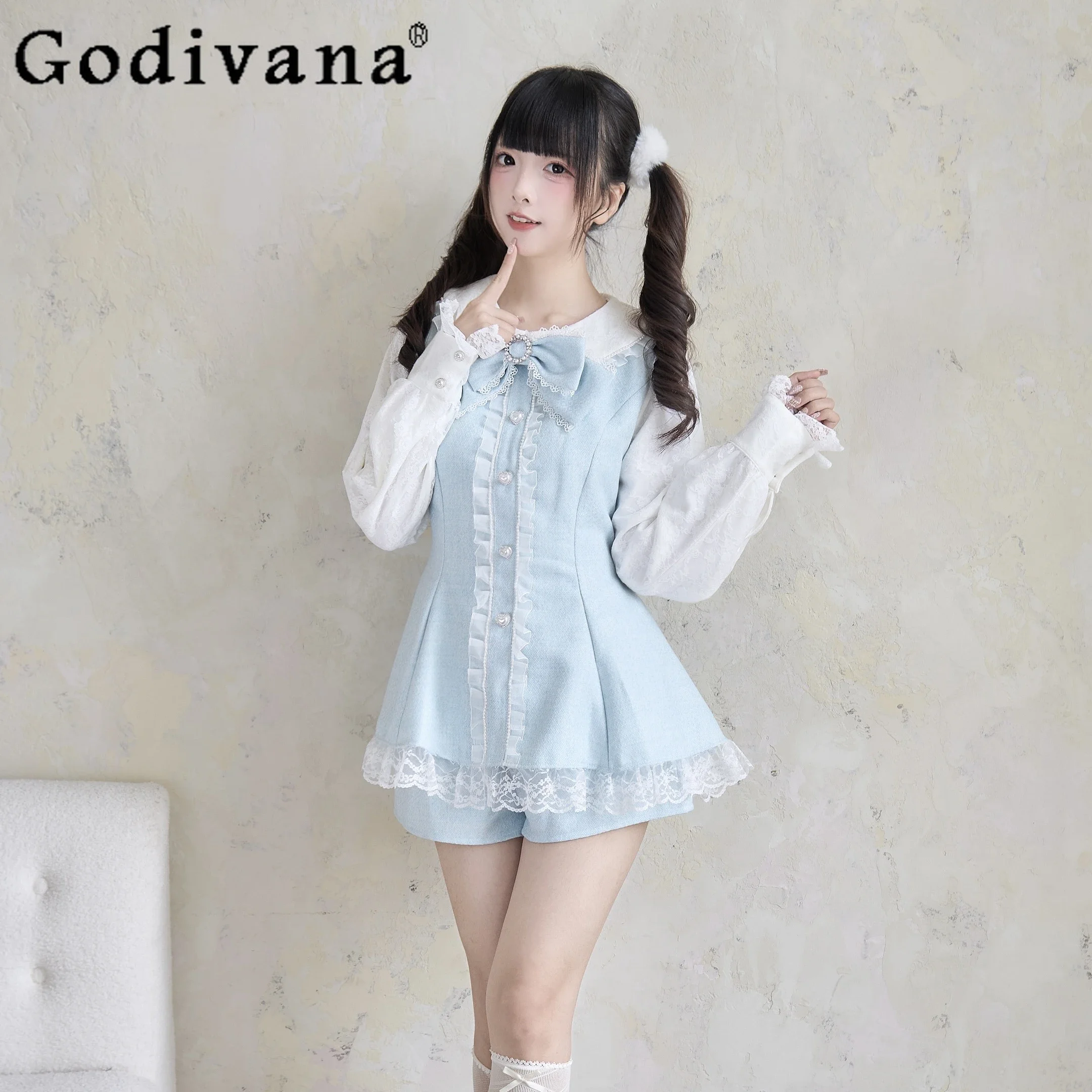 

Autumn and Winter Mass-produced Lolita Dress Set Women's Japanese Mine Bow Lace Long-sleeved Dress and Shorts Two Piece Sets