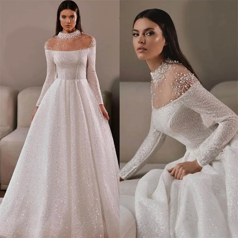 

Luxury Pearls Wedding Dress A Line Glitter Sequins Full Sleeves Lace Up Back Bridal Gown Custom Made Sweep Train Robes De Mariée