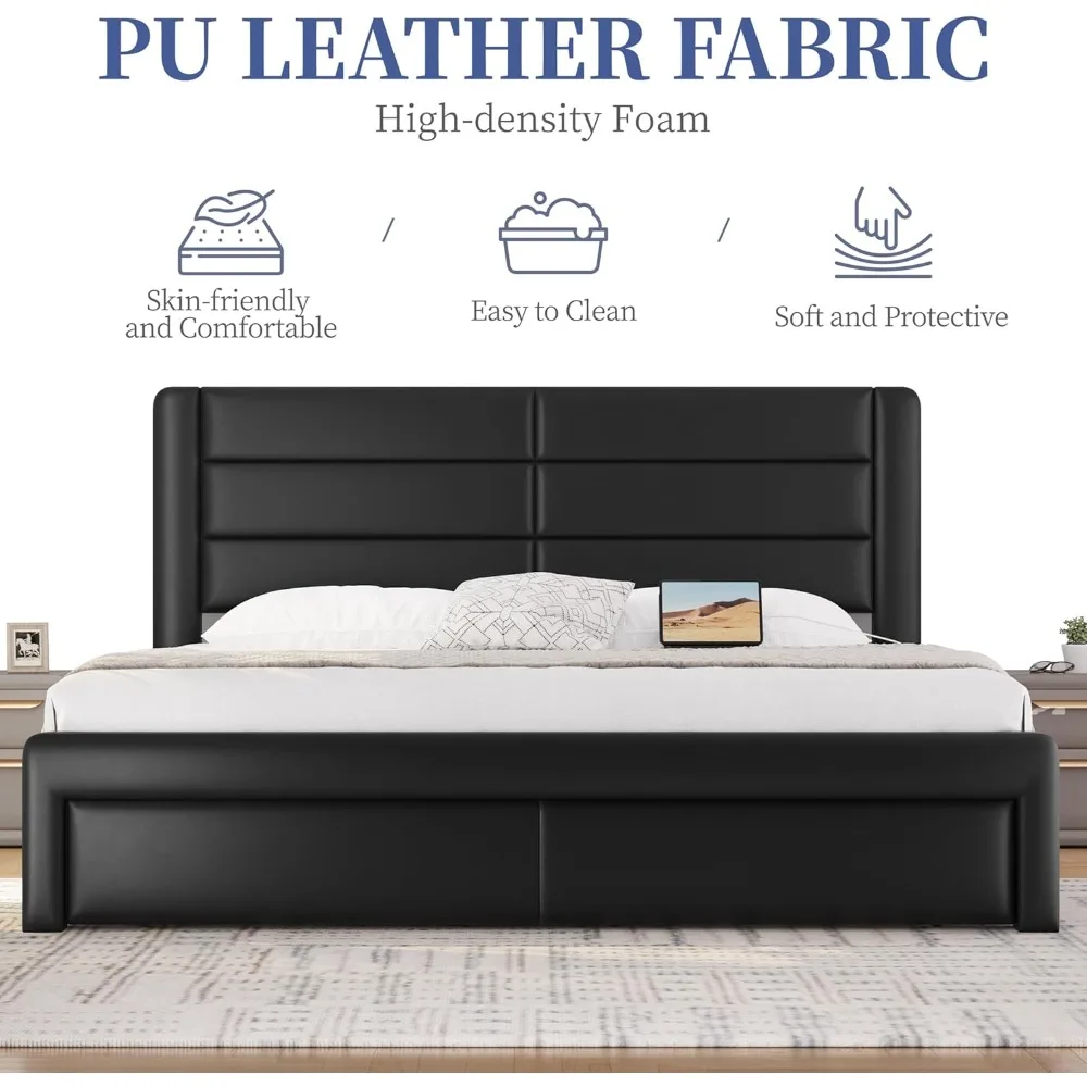 إطار سرير بحجم كينغ من Yaheetech مع 2 محطة شحن USB/منفذ لأدراج تخزين من النوع A&Type C/4 ومنصة منجدة من الجلد