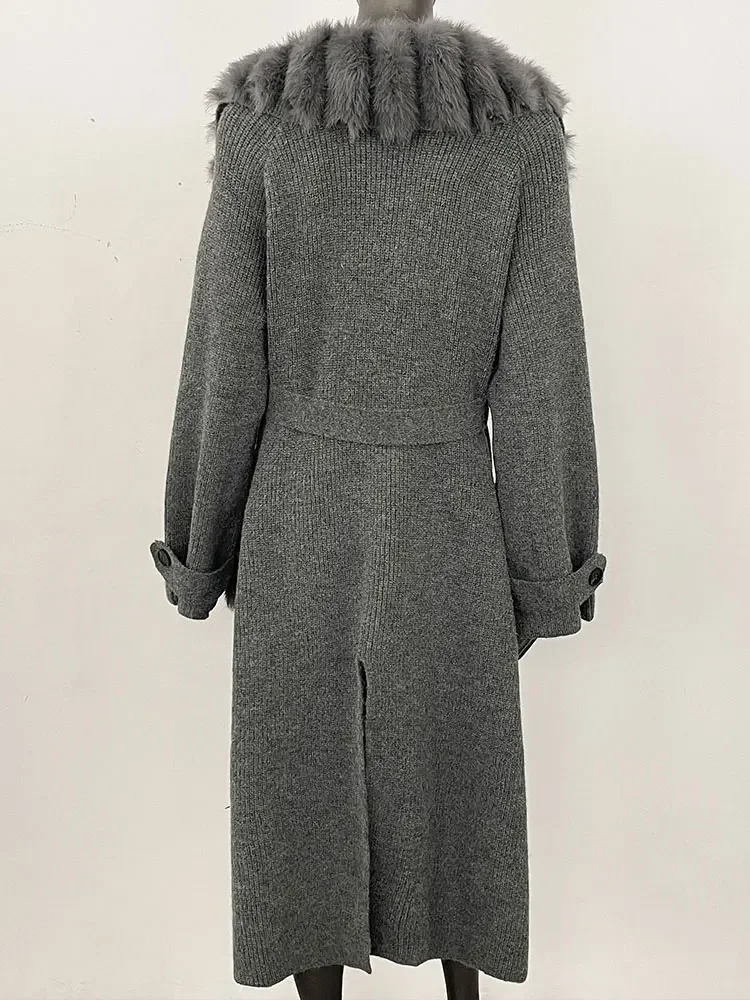 Real Fox Fur Sweater Women Clothing Long Belt Button Knitwear Female 2025 New Spring Autumn Oversized Knitted Cardigan