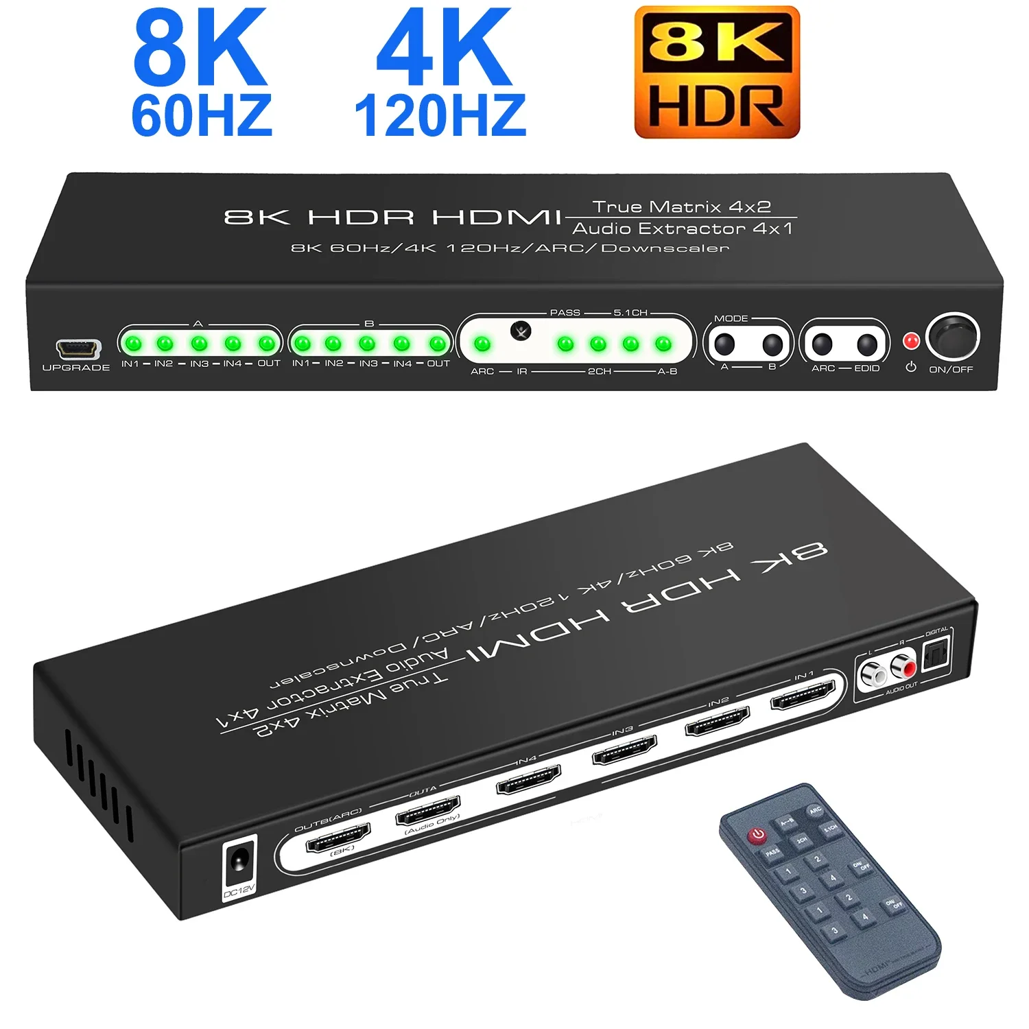 

HDMI2.1 8K Matrix Switcher 4x2 Matrix HDMI Switch Splitter 4 In 2 Out with Optical L/R 5.1CH ARC Audio Extractor 4K@120Hz HDR 3D