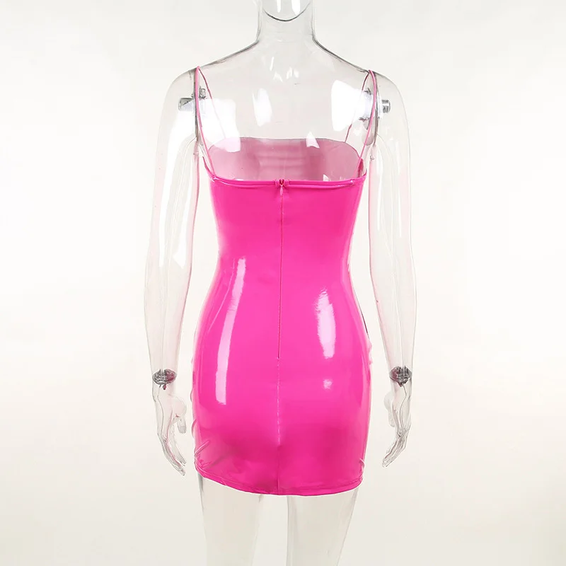 2023 New Arrival Sexy Pink Pu Leather Dress Women Spring Summer Strapless  Spaghetti Strap Fashion Club Wear Bodycon Mini Dresses