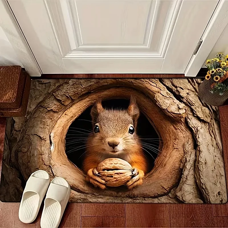 VIKAMA 3D Tree Hole Carpet with Cute Squirrel Pattern Anti-Slip Floor Rug for Home Entryway Living Room Decor
