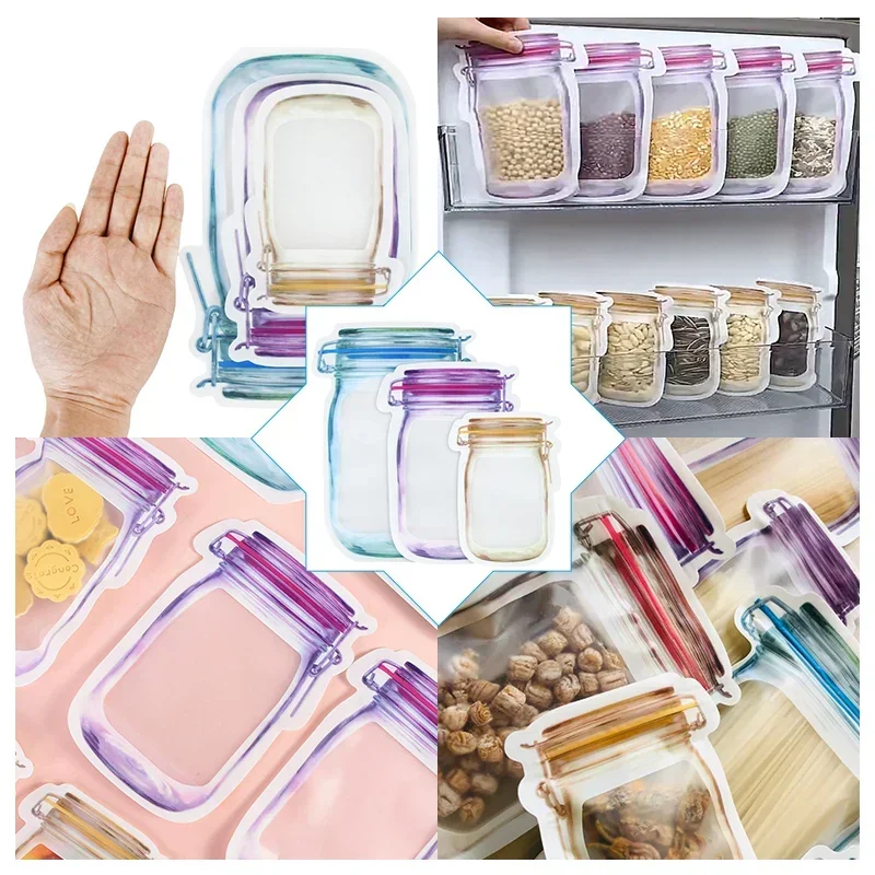 5/10pcs Reusable Mason Jar Bottles Bags Portable Mason Jar Zipper Self Food Saver Candy Storage Bag Snack Sandwich Zip Lock Bags