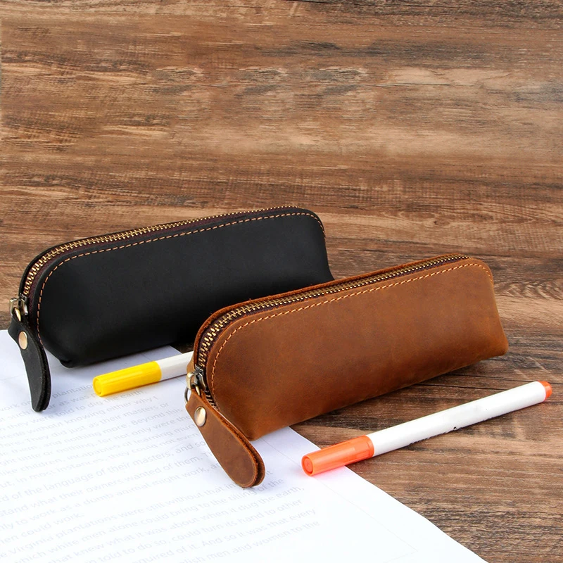 Vintage Genuine Leather Pencil Bag Handmade Zipper Pencil Case Portable Cosmetics Stationery Storage Pouch Office Supplies