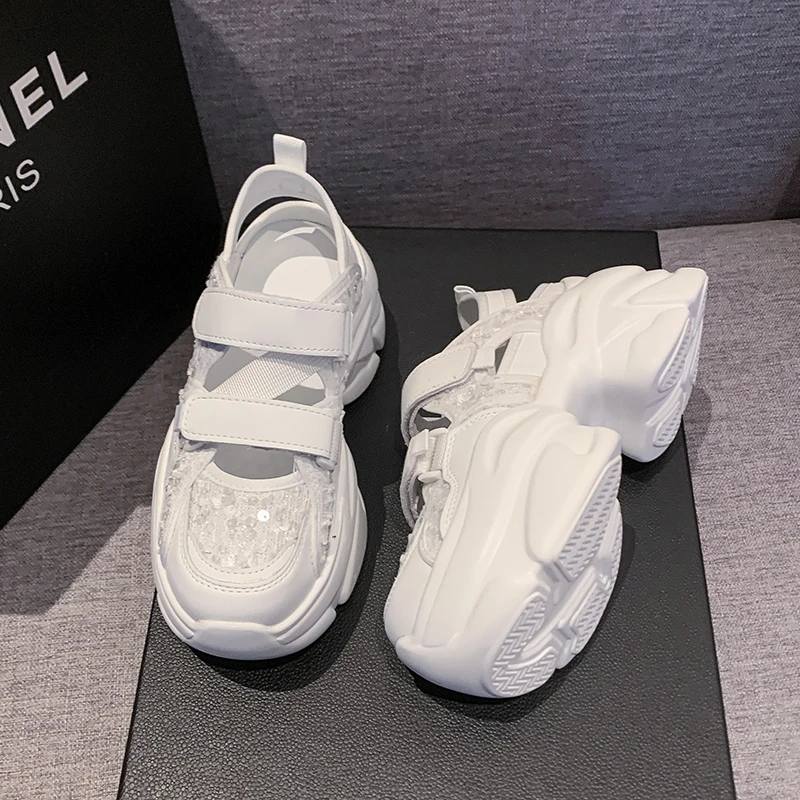 8cm Hollow Synthetic Leather Leisure Platform Wedge Slippers Chunky Sneakers Breathable Summer Women Bling Bling Sandal 2024