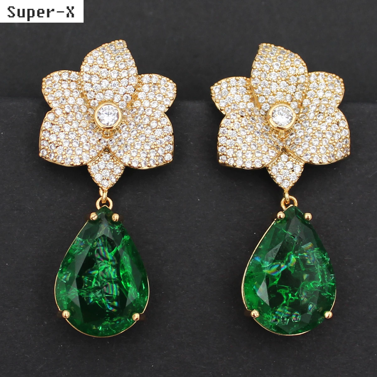 

Gold Color Flower Earrings for Women Luxury Jewelry Zircon Green Purple Water Drop Dangle Earrings Wedding Dinner Party Gift