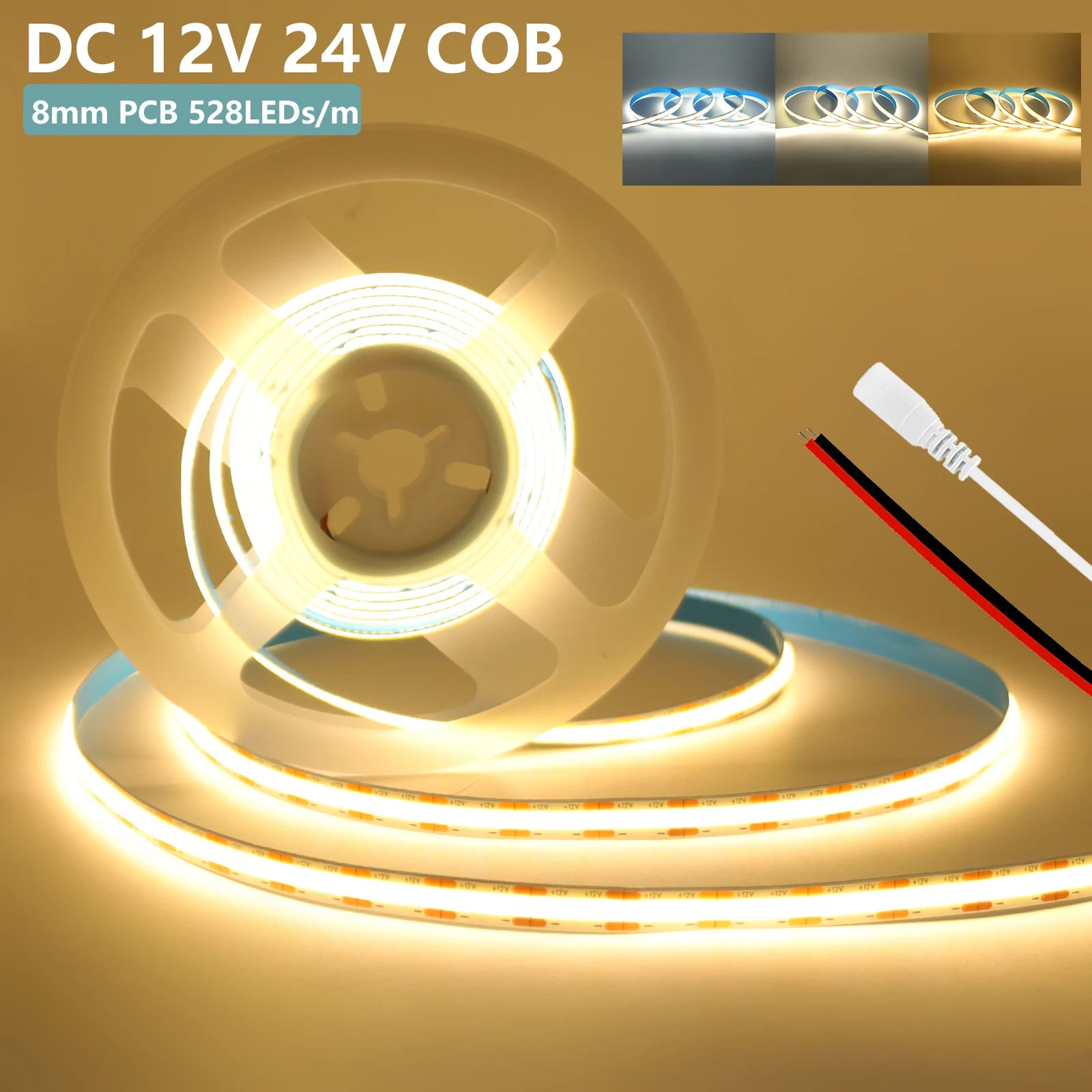 

Светодиодная лента COB 12В/24В, 528 LED/м, 8мм PCB, гибкая, с разъемом DC/2-контактным проводом, теплый/нейтральный белый свет, высокая плотность, линейное освещение