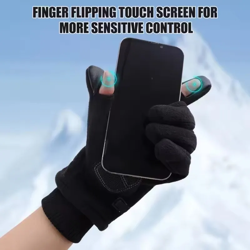 Solid Color Fleece Winter Warm Gloves for Unisex Two Finger Touch Screen Anti Slip Outdoor Motorcycle Riding Wrist Tightening