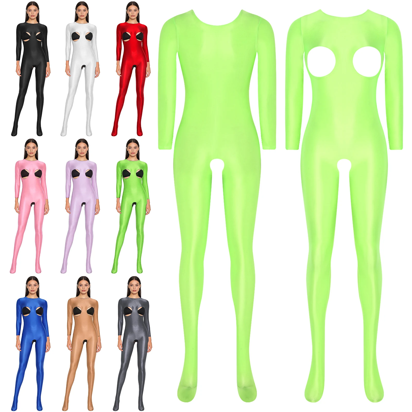 

Women Glossy Sparkly Stretchy Unitard Cutout Cup Long Sleeve Footed Tights Bodysuit Jumpsuit Nightwear Sexy for Rave Anniversary