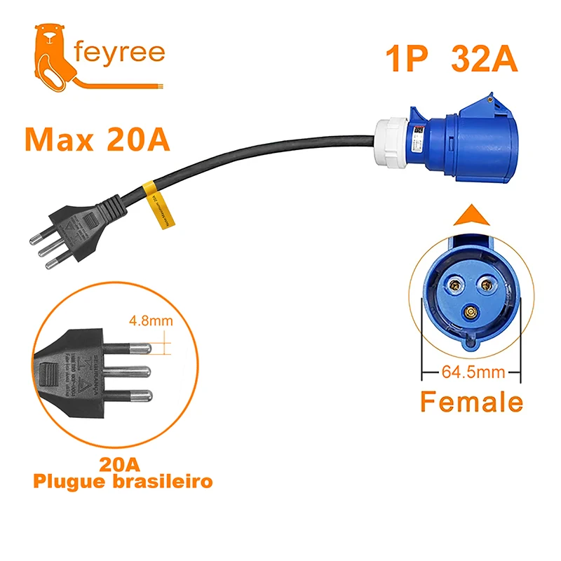 Feyree-CEE Carregador de Soquete Feminino, 3 Pinos, Adaptador para o Brasil, 20A, Ficha 10A, Wallmount, 32A, 1Phase, 7KW Carregador Portátil