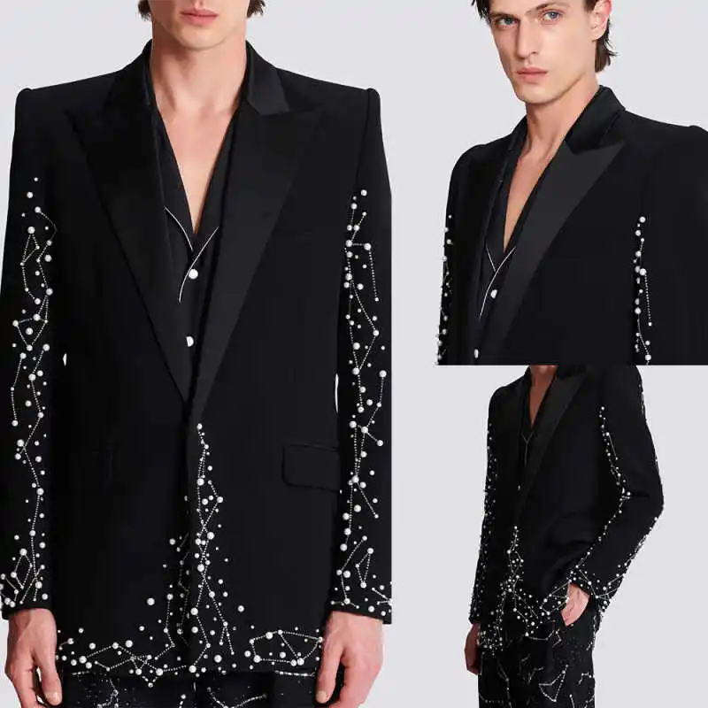 Abiti da uomo di lusso 2 pezzi Blazer allentato Perline Perle Etichetta a punta Smoking da sposa Prom Party Trajes personalizzati Para Hombre