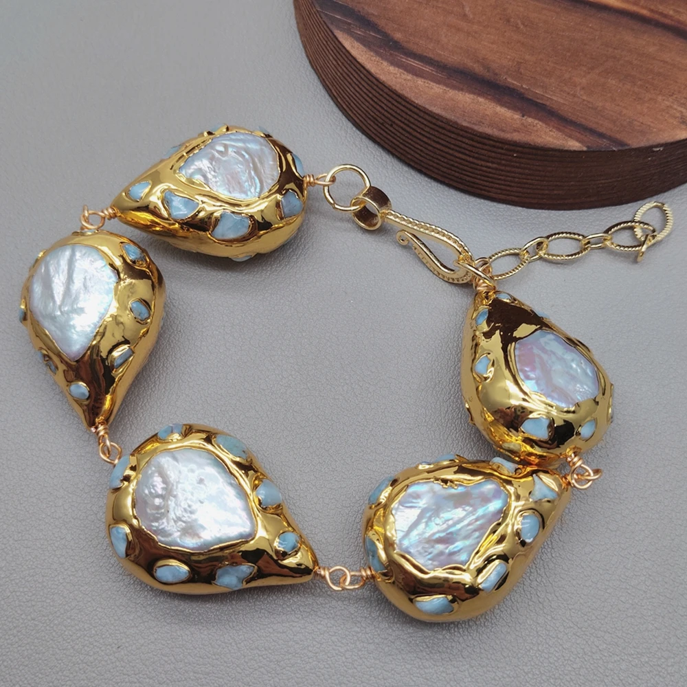 Y·YING Cultured White Teardrop Pearl Gemstone Larimar Beaded Bracelet