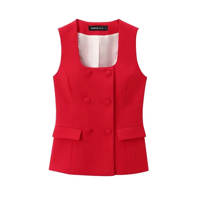 New Summer Fashion Women Suits Red Square Neck Sleeveless Pockets Double Breasted Waistcoat Top+Mid-Waist Slit Stralght Pants