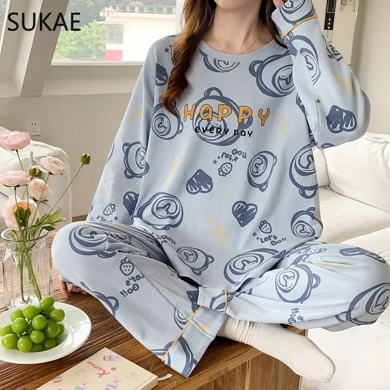 SUKAE New Korean Womens Long Sleeves Pajamas Set Sweet Faux Cotton Sleepwear Casual Woman\'s Homesuits Pullover Pijamas for Girl