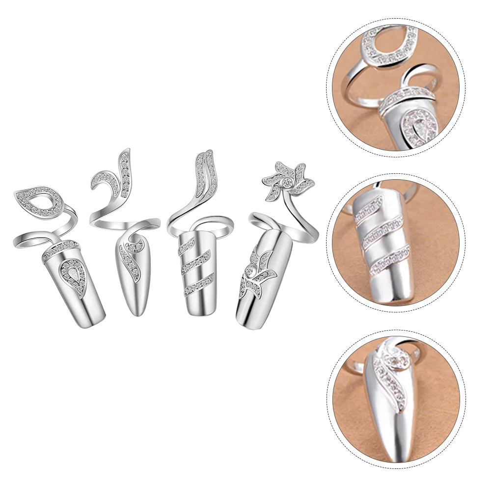 

4 Pcs Rhinestone Nail Rings Decorative Hand Jewelry Fingertip Accessories Women Wedding Gift Diamond Set Fashion Nail Decorative