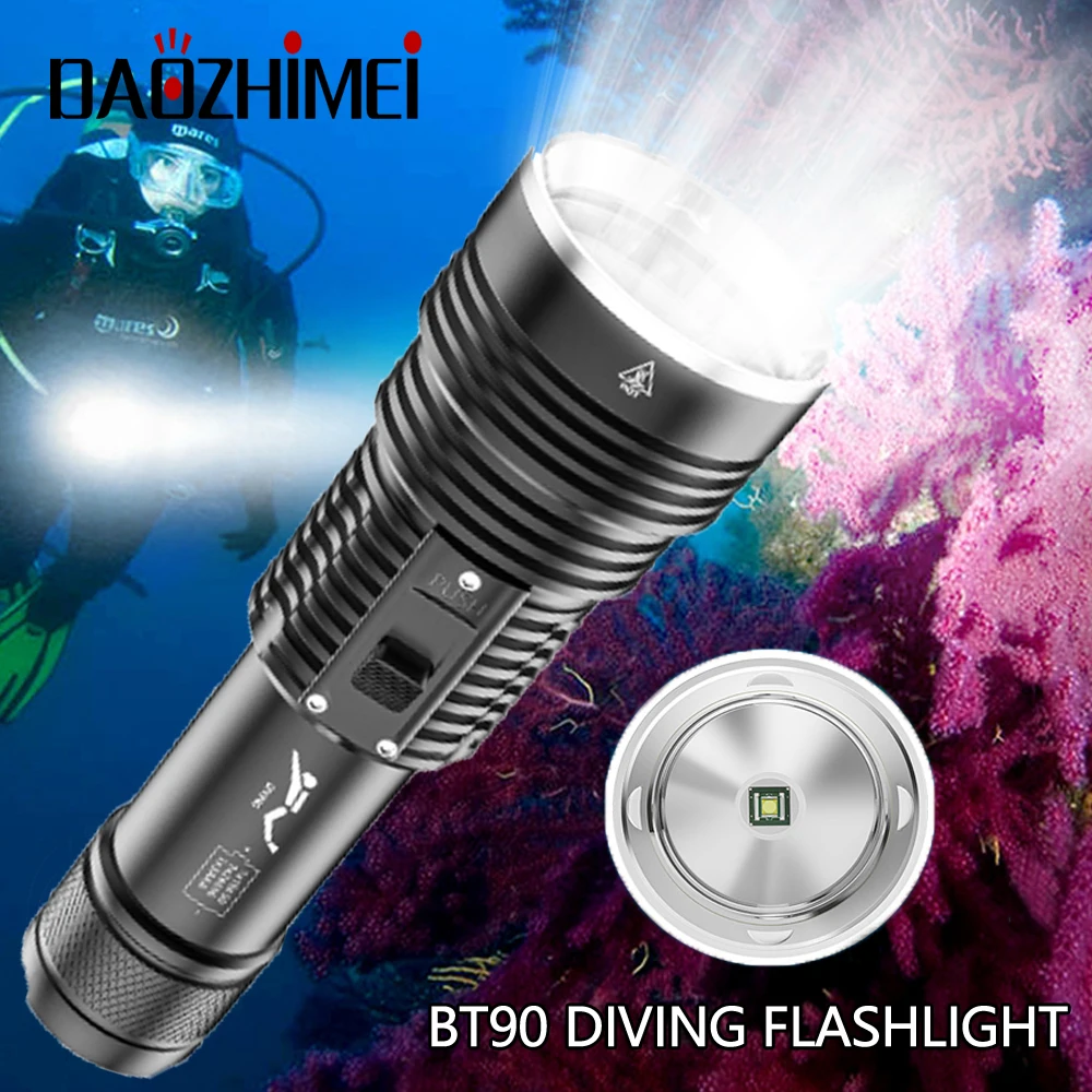 BT90 High Power LED Diving Flashlight 4 Modes Hunting Caving Dive Lamp 50M Underwater Waterproof 26650 Tactics headlight