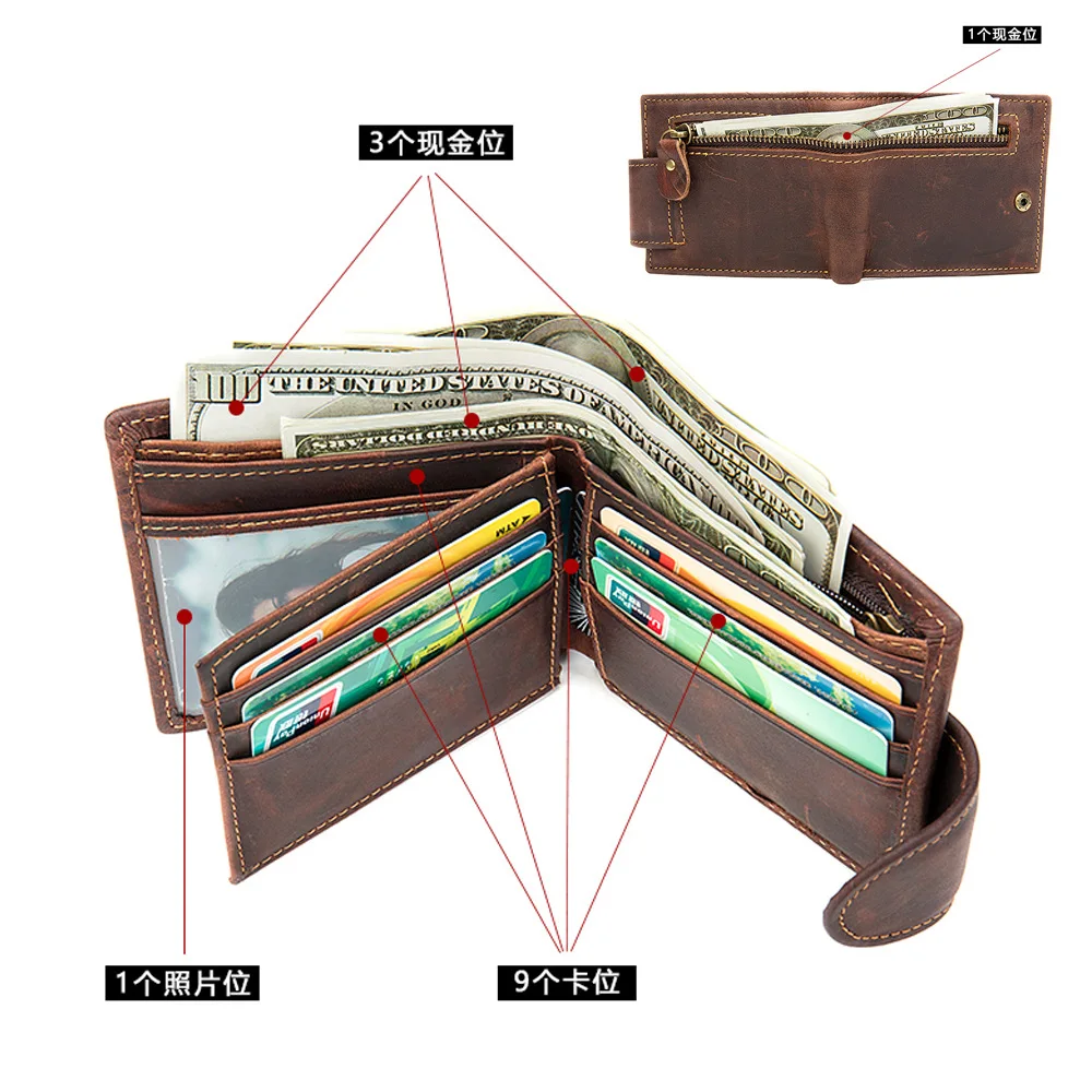 Men's Crazy Horse Leather Short Wallet Genuine Leather Buckle Wallet Vintage Top Layer Cowhide Card Holder Multi-Card  Wallet