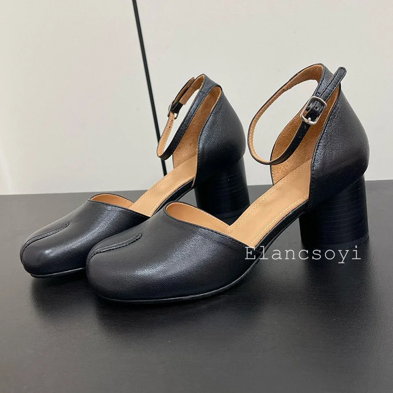 Spring Autumn Round Toe Retro Ankle Strap Split Toe Pumps Women's Genuine Leather Round Heel Mary Jane Shoes Party Dress Shoes