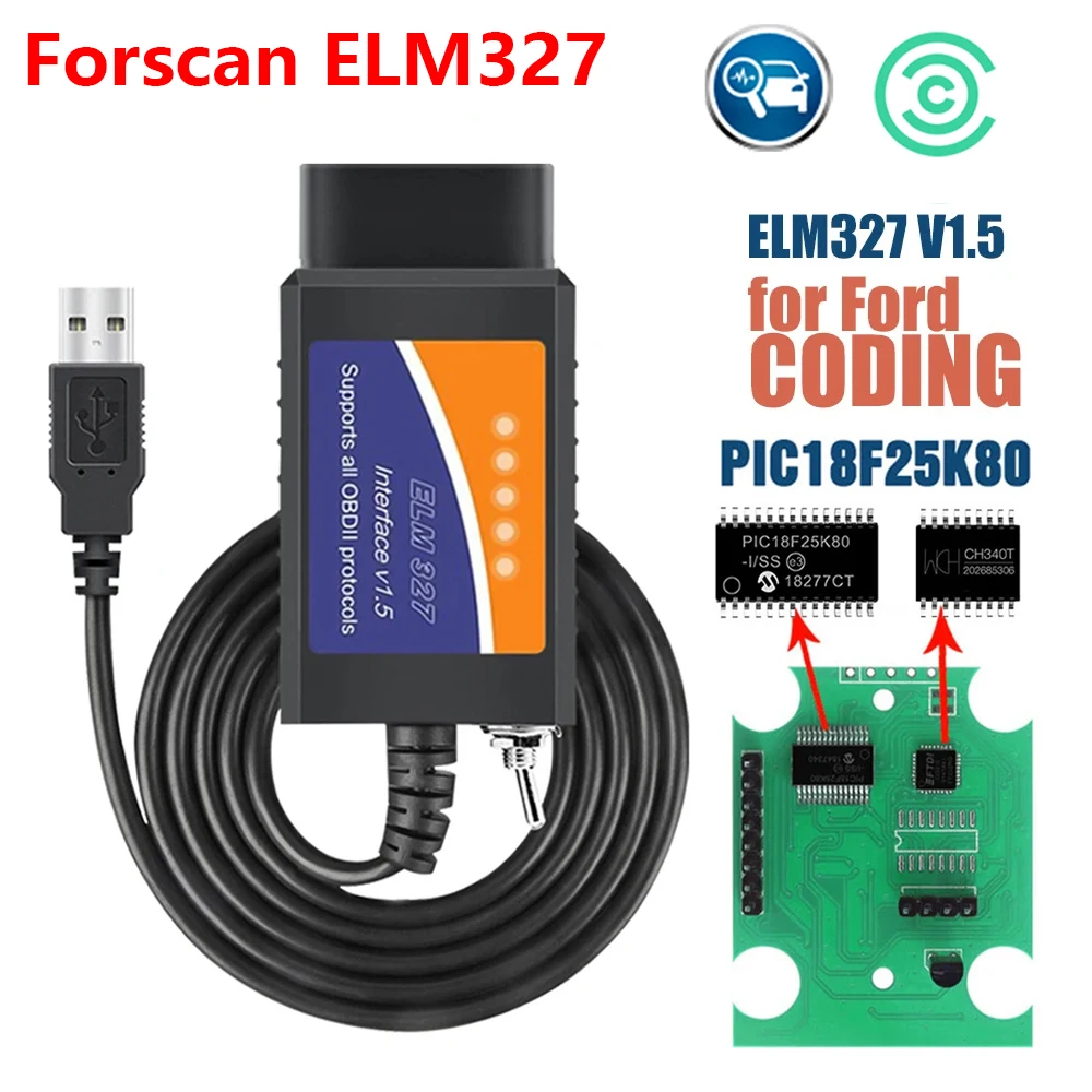 FORSCan ELM327 USB Adapter OBD2 Code Reader Programming for Ford Diagnostic Scanner PIC18F25K80 and CH340 Chip HS CAN MS CAN