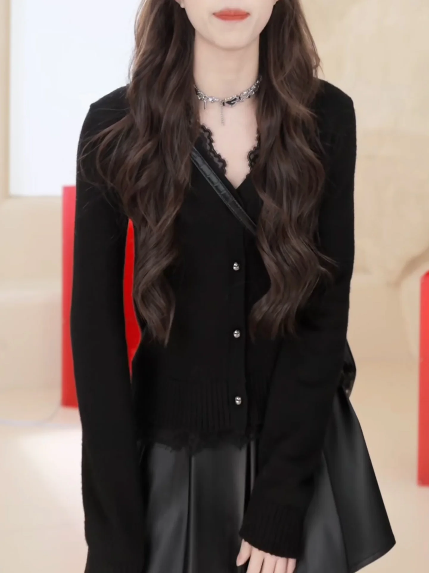 

Женский вязаный кардиган Ele Bla с V-образным вырезом и кружевной отделкой, с длинными рукавами, облегающий, универсальный базовый топ для осени