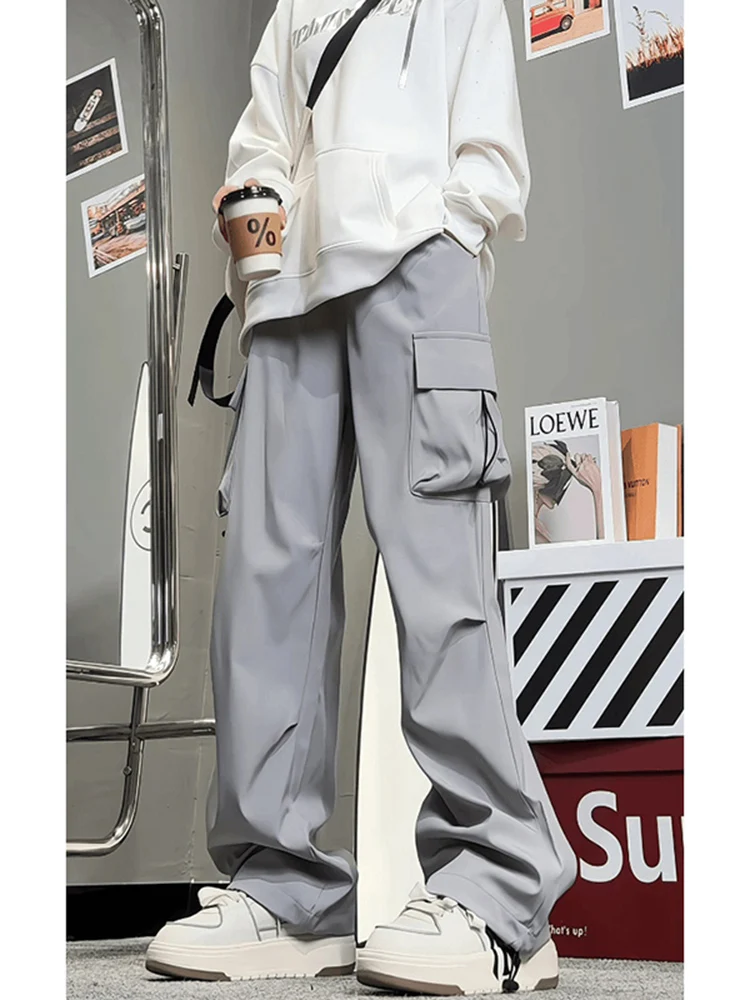 Grey American Vibe Men's Workwear Trousers Autumn New High Street Waterproof Outdoor Casual Pants Loose Fit Elastic Waist