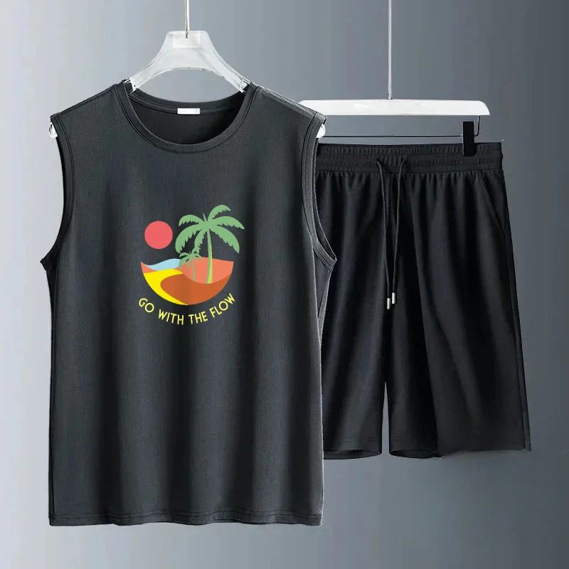 

2025 Men Sleeveless Summer Red sun graffiti print Set Stylish Casual Outfit Perfect for Beach Vacation suit tracksuit gym sets