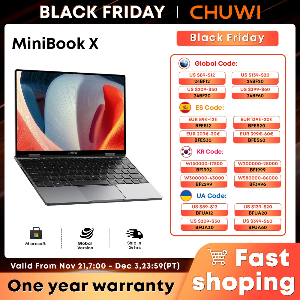 CHUWI MiniBook X 2 en 1 tableta portátil 12GB LPDDR5 512G SSD Intel N100 pantalla táctil de 10,51 pulgadas teclado retroiluminado Windows 11 WiFi 6