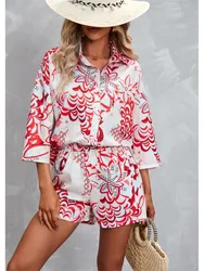 New Print Three-quarter Sleeve Short Casual Suit Spring Summer Fashion Elegant Casual Button Shirt 2 Piece Set Womens Clothing