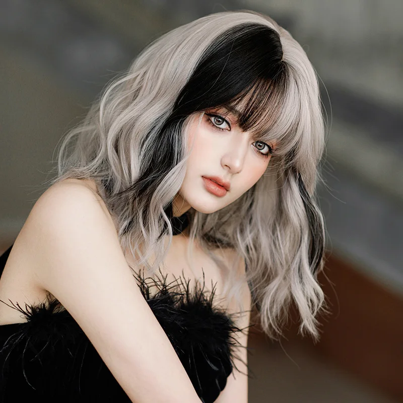 RANYU Silver gray powder female daily role-playing synthetic curly wig fluffy bangs heat-resistant Lolita wig