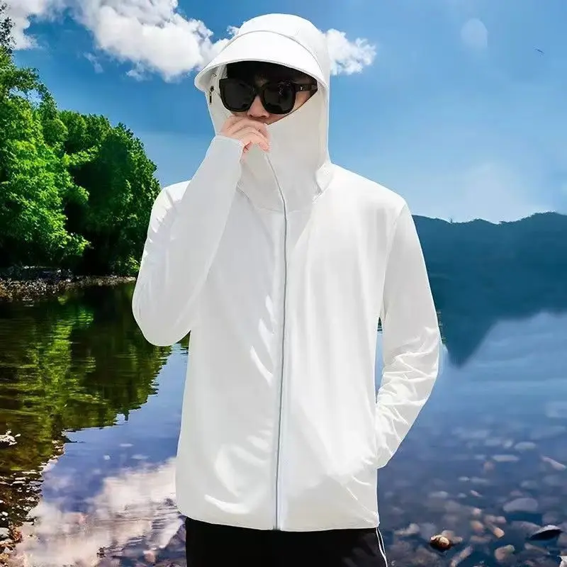 Summer Ice Silk UV Protection Hooded Sun Shirt Jacket Men's Breathable Outdoor Fishing Casual Top
