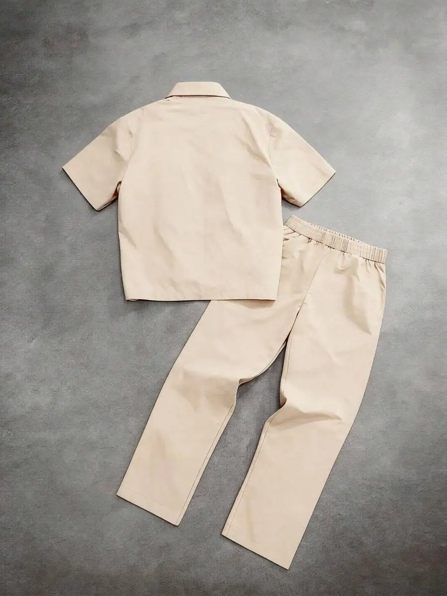 Men's Spring/Summer Slim Fit Thin Comfortable Polyester Minimalist Zipper Short Sleeve & Long Pants 2-Piece Set, Street Cool