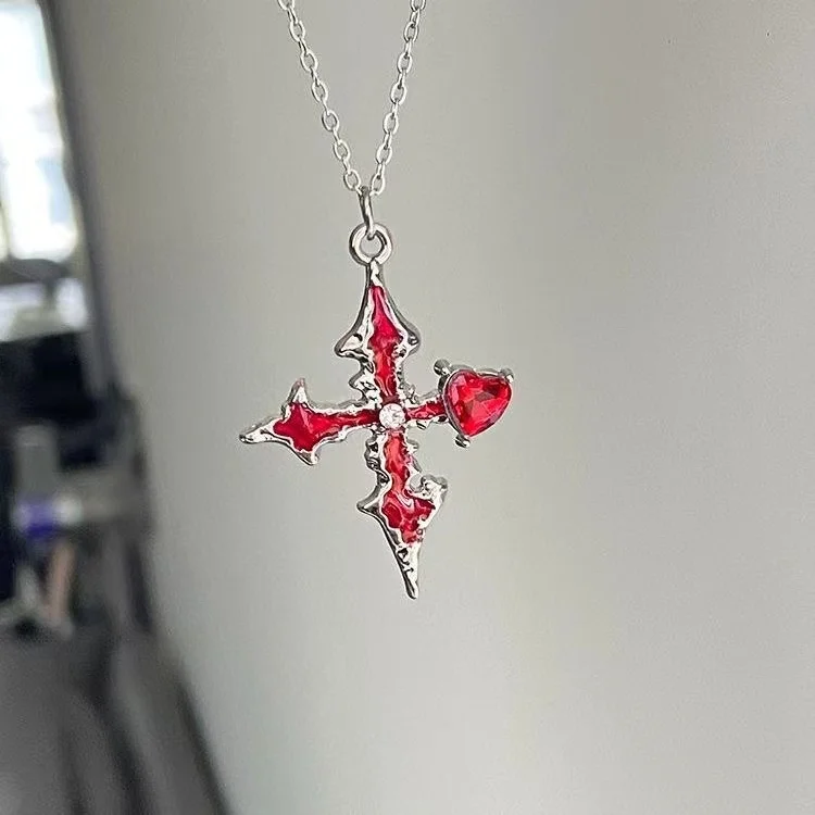 Crimson Inverted Cross Necklace: Vintage Gothic Style with Occult Symbolism. Ideal Gift for Enthusiasts.