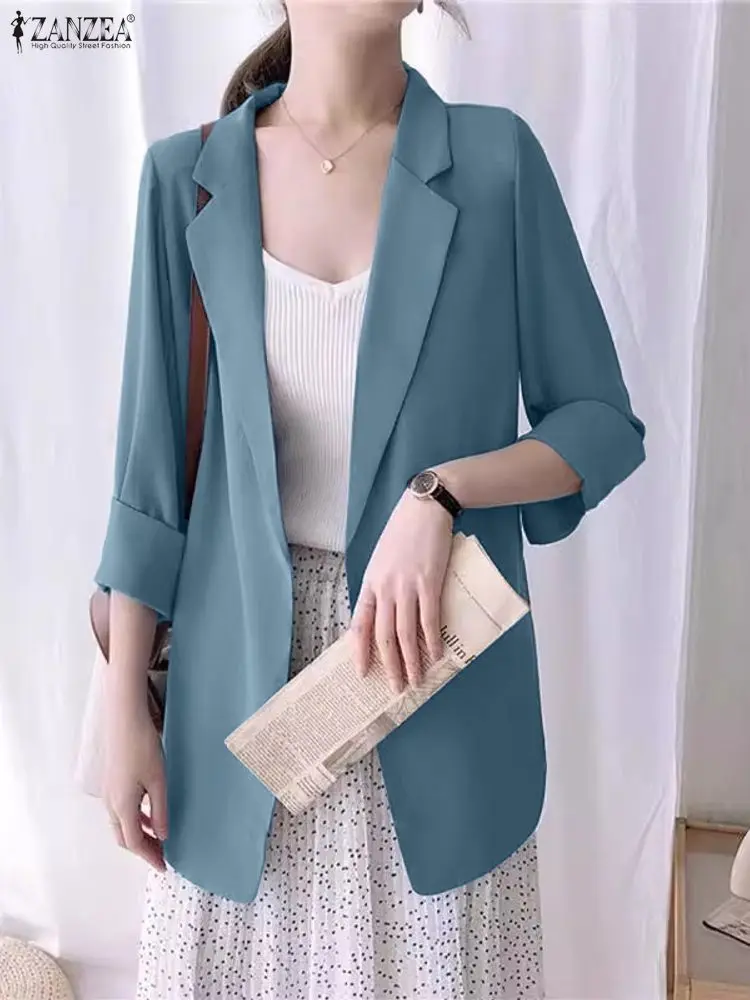 

ZANZEA Fashion Outercoats Women 3/4 Sleeve Casual Solid Blazer 2025 Autumn Cardigans Elegant Office Lady Streetwear Coats Femme