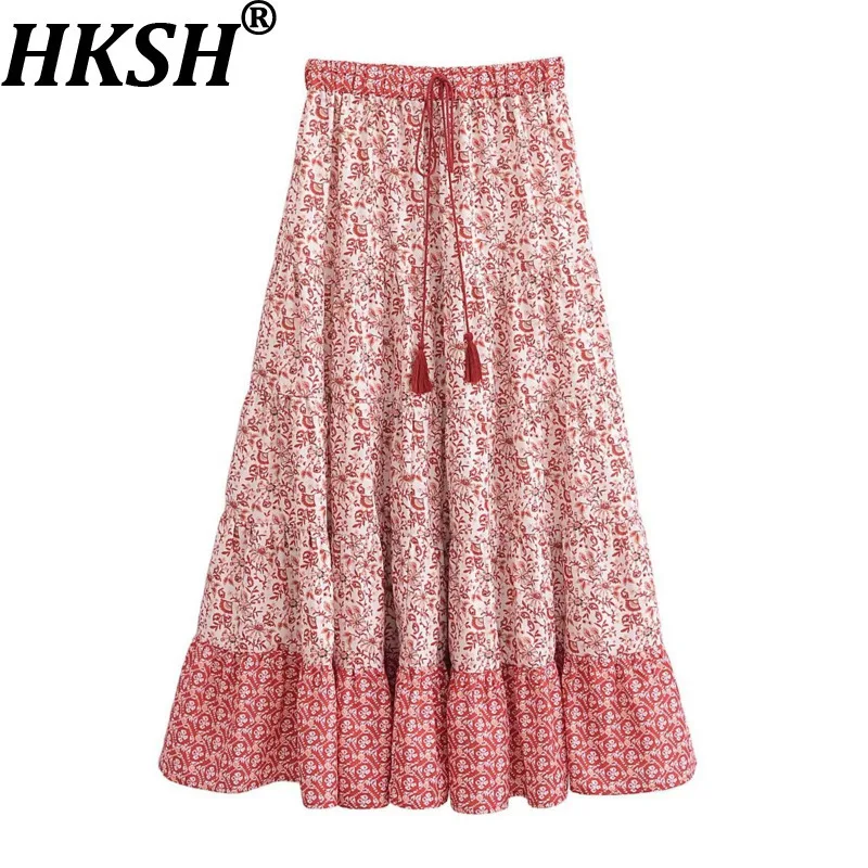 

HKSH 2025 Spring Summer New Women Sweet Streetwear Printed Long Sleeved Shirt Chic Casual Pleated Drawstring Floral Skirt HK7075