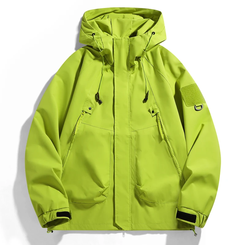 

Men's Waterproof Rain Jacket Unisex Raincoat Hooded Hiking Jackets Neon Green Windbreaker Zipper Outdoor Sports Coats Autumn