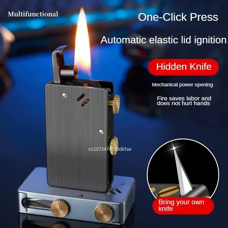 Multi-function Belt Knife Ejection Kerosene Lighter Automatic Ignition Creative Retro Grinding Wheel Metal Lighter Men\'s Gadgets