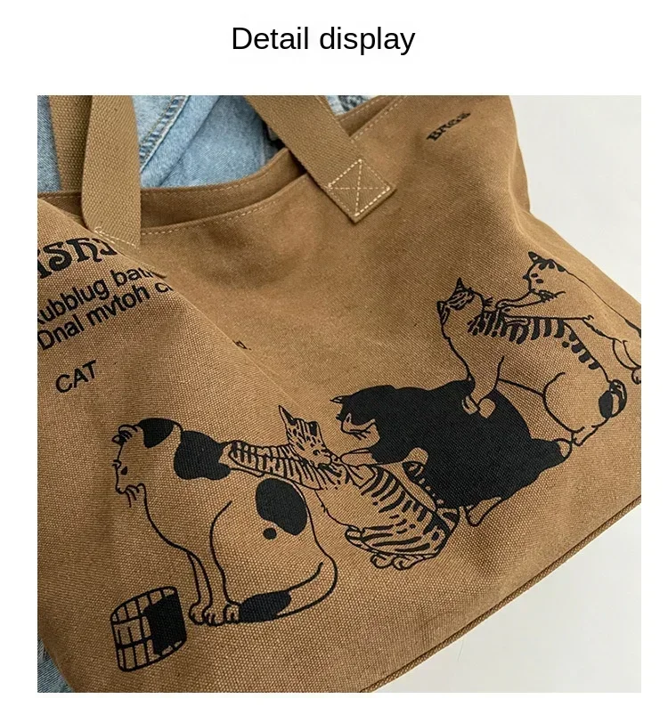 Geräumige Anime-Katzen-Canvas-Tragetasche für Damen mit Schriftzug-Druck, lässige Schultertasche für den Alltag, tragbare Handtasche für Mädchen – Detail 3