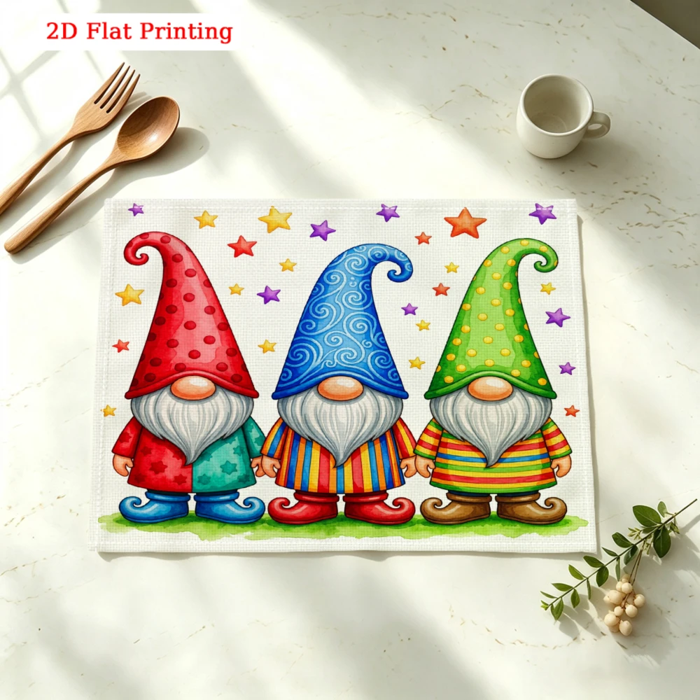 Three Colorful Gnomes With Stars Kitchen Placemat Coaster Linen Pad Dish Coffee Cup Table Mat 30x40cm Home Decor