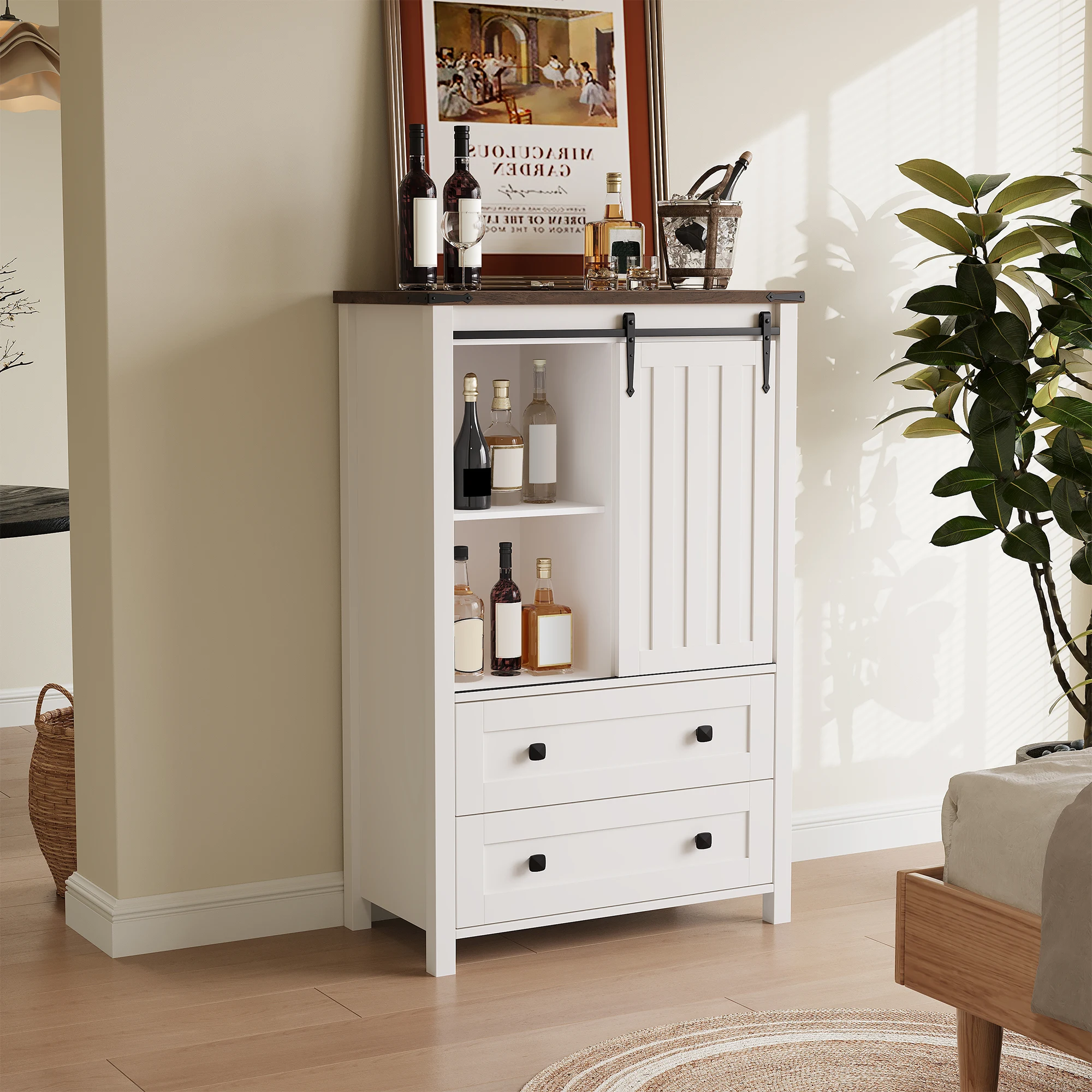Dresser, 5 Drawers Dresser for Bedroom with Sliding Barn Door, Adjustable Shelf, Farmhouse Tall Chest of Drawer, Storage Organizer Dresser for Hallway, Living Room