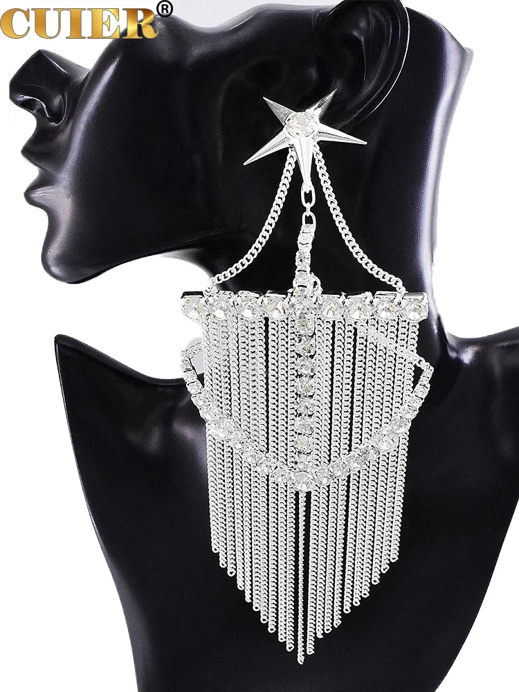 CUIER 20cm Metal Chain Tassels  Ship's Anchor Huge Size Earring for Women Drag Queen Show Accessories