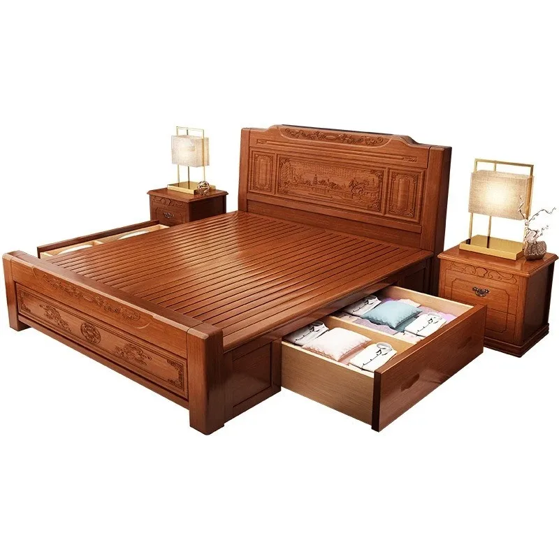 

Solid wood bedside double carved high box storage bed master bedroom furniture