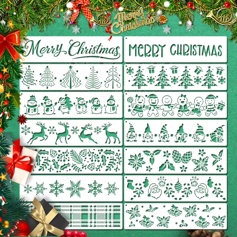 Christmas Long‑Shape Hollow Painting Stencils, Multiple Patterns Templates for Journal DIY Spray‑Painting, Decor for Window
