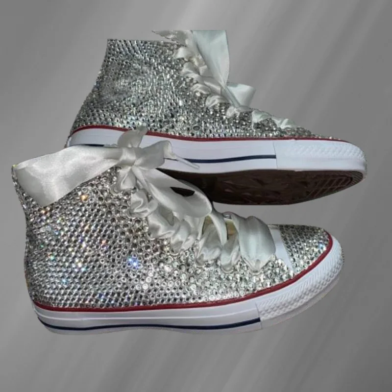 High-top canvas shoes ribbon stitching rhinestone walking comfortable sneakers handmade rhinestone vulcanized shoes 35-46