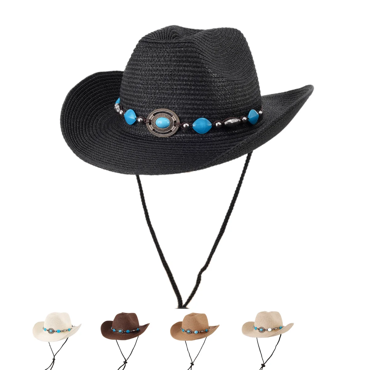 1pcs Oval sapphire decorative hats for men and women, summer travel sun protection straw hats, fashionable curved brim jazz hats